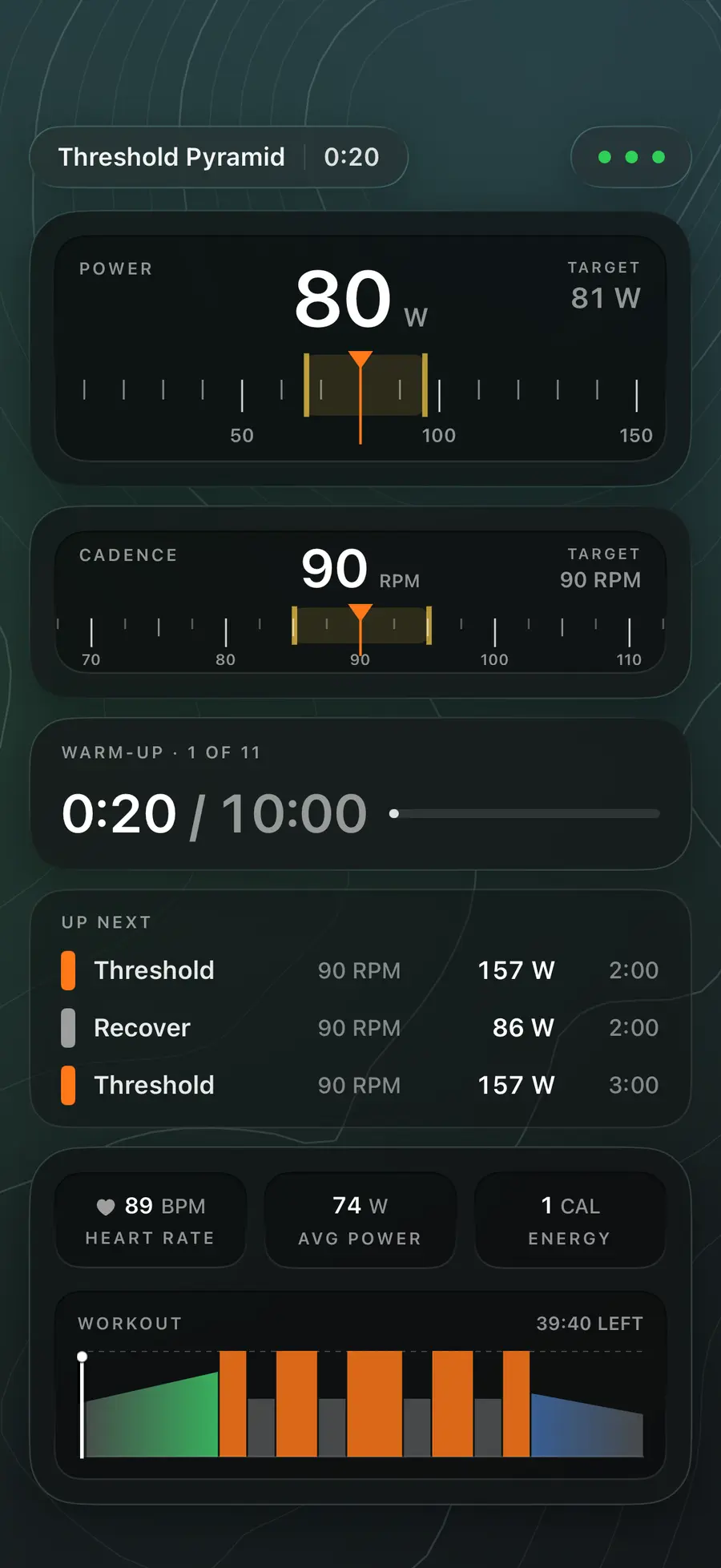 A workout in progress with power and cadence targets